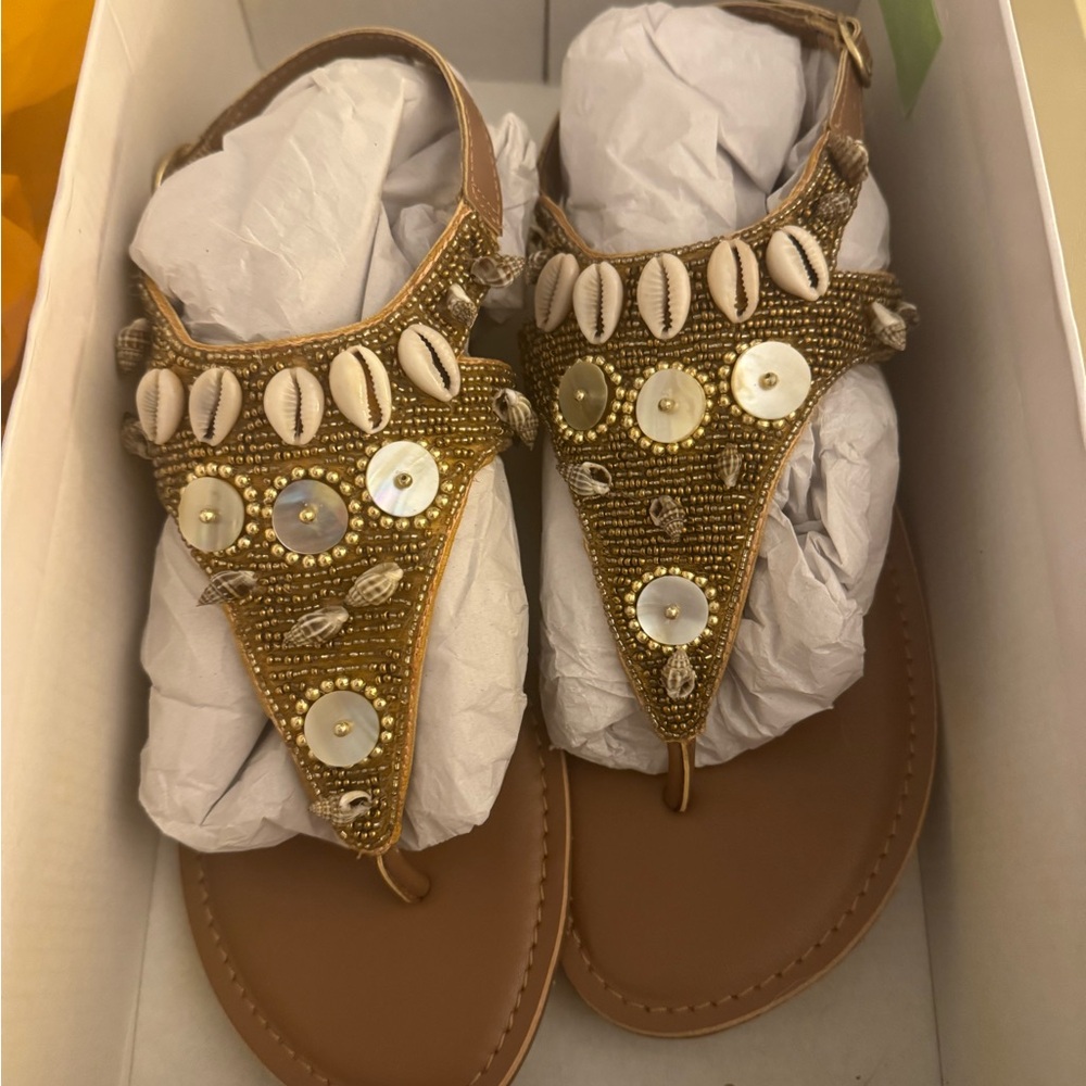 VENUS Tan Sandals with Beads and Shells NWOT never worn